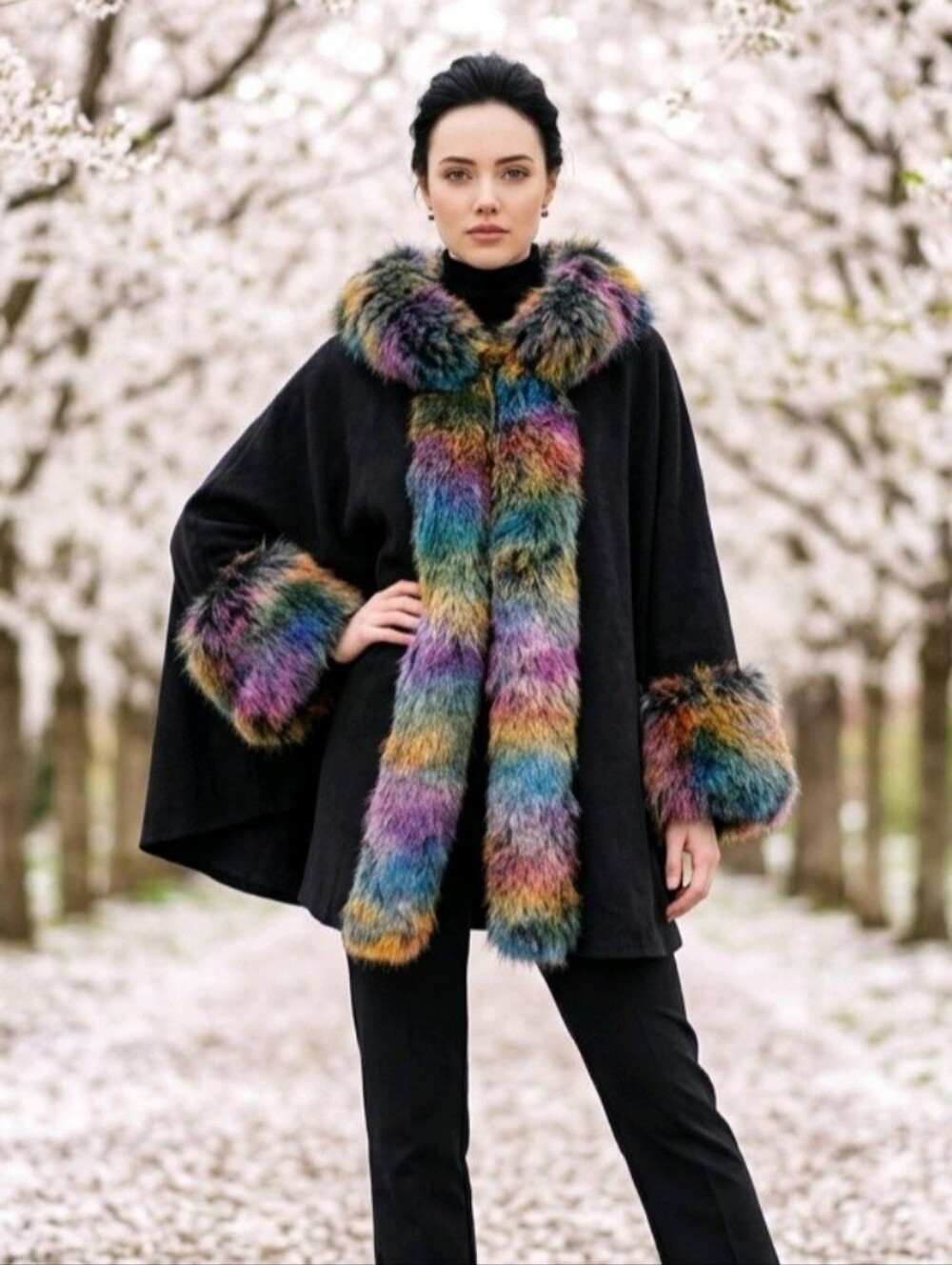 🖤🌈 RAINBOW Faux Fur/Suede Bojo Festival Burning Man Fall LUXARY Cape Poncho